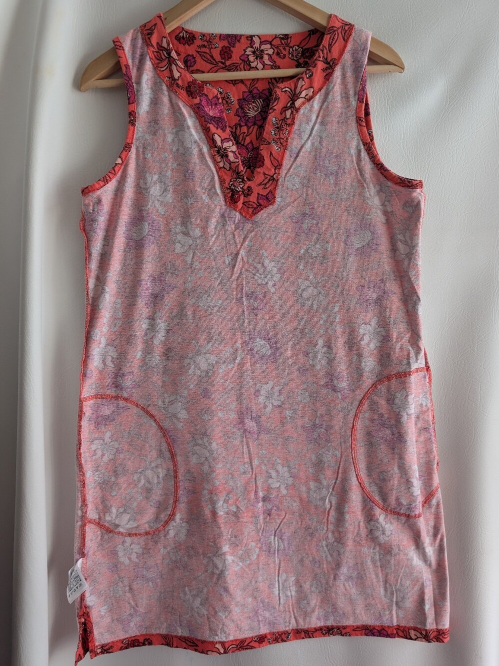 Lands End Orange Floral Cotton Jersey Sleeveless Dress Pockets - M - Picture 14 of 14